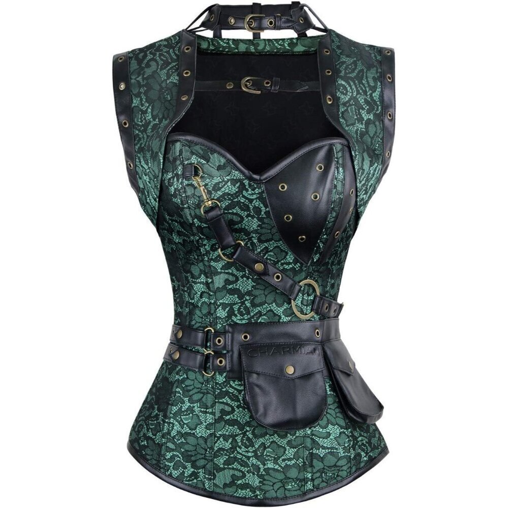 🆕Women First Green Steampunk Vintage Spiral Steel Boned Corset Bustier